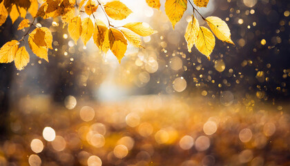 Autumn abstract background with bright yellow leaves and sunshine, bokeh and glow on backdrop.