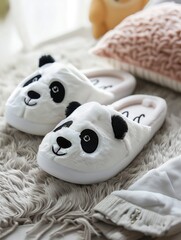 Un par de pantuflas de panda caprichosas esperan en una alfombra lujosa, sus rostros alegres...