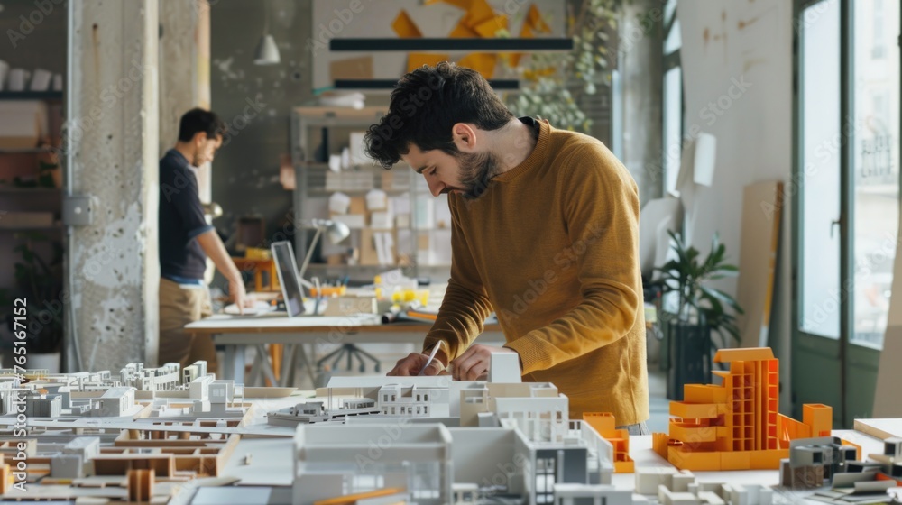 Poster a man diligently working on a detailed model of a building. suitable for architectural, construction