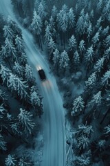 Winter scene with car driving on snowy road, suitable for travel and transportation concepts