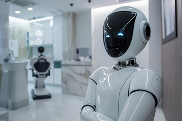 Un reluciente robot mira a lo lejos, su compostura humanoide contrasta con su rostro de alta tecnología. Anidado en una habitación que refleja el amanecer de una era tecnológica. - obrazy, fototapety, plakaty