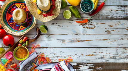 "Cinco De Mayo Celebration: Overhead Flat lay View of Traditional Mexican Objects on Weathered White Wooden Boards - Including Sombrero, Maracas, and Colorful Decorations"
