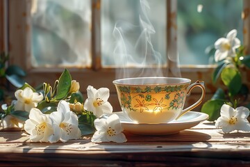 na taza de té humeante exhala tranquilidad al lado de jazmines en flor, capturando la esencia de una mañana pacífica bañada en luz solar dorada. - obrazy, fototapety, plakaty