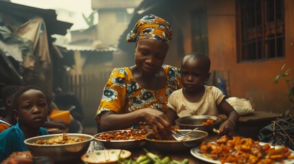 n el cálido abrazo del crepúsculo, una madre y sus hijos comparten una comida, un cuadro de la vida cotidiana pintado con tonos dorados. Sus ojos son pozos de historias no contadas.