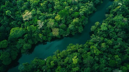 Aerial view of winding river through dense tropical rainforest. Nature and environmental conservation concept for design and print. - obrazy, fototapety, plakaty