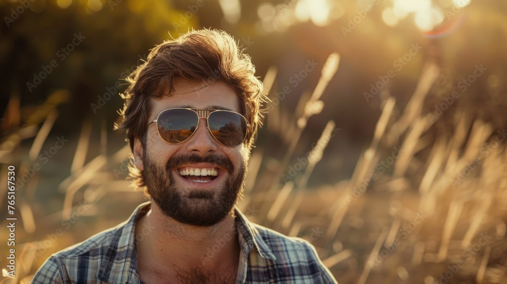 Poster A man with sunglasses and a beard smiling at the camera, suitable for various concepts and projects