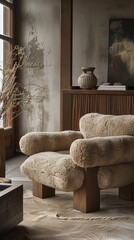 Un dúo de sillas que recuerdan a osos de peluche ofrece una calidez acogedora, sus formas mullidas y tapicería texturada sugieren un abrazo reconfortante.