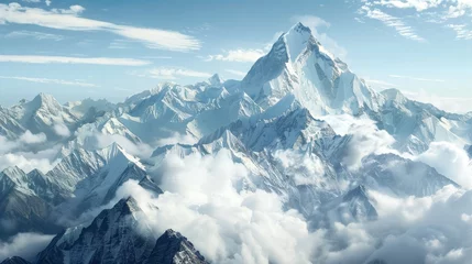 Poster Sunny aerial view of snow-covered mountain peaks. Winter landscape photography. Nature and travel concept. © Andrey