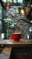 En medio del verdor de la jungla urbana, una taza roja rebosa con café recién vertido, un momento de tranquilidad en el ajetreo de la ciudad. La taza se destaca como un faro de confort.