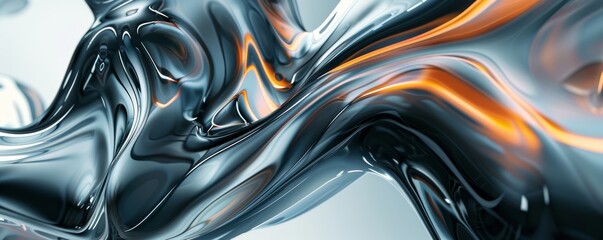Sleek waves and reflective surfaces with orange accents on monochrome backdrop. Abstract design concept.