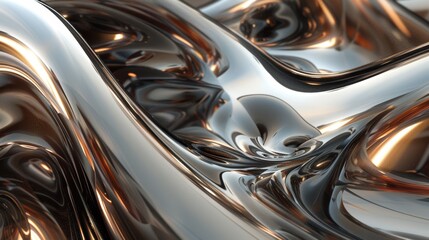 Fluid dynamic waves in metallic tones. 3D rendering of swirling liquid metal with reflective surface.