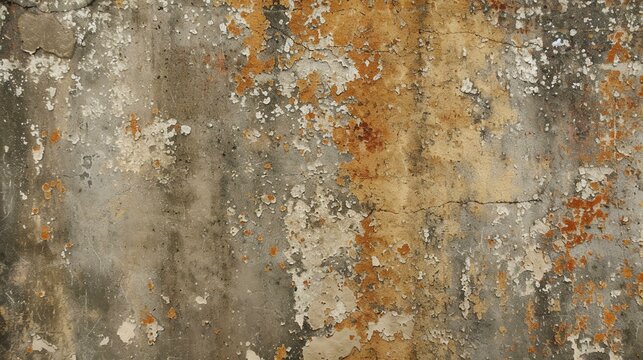 Distressed Wall Texture With Peeling Paint. The Wall Is A Light Grey Color With Patches Of Yellow And Orange Paint Peeling Off.