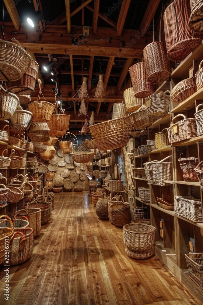 Aufkleber a store filled with lots of wicker baskets. perfect for home decor projects or organizing items