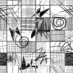 Doodles checkered grid black white seamless pattern with hand drawn squares, hatches, stripes, zigzag, doodle lines. Abstract endless texture. Striped hatched doodles modern vector trendy background