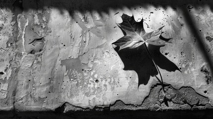 Close-up black and white photo of a leaf on a wall. Suitable for nature or minimalistic themed designs.