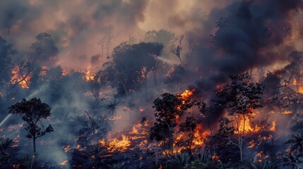 Eco Disaster in Vivid Detail: Blazing Trees and Thick Smoke in a Lush Forest - Ultimate Clarity, High-Resolution Image. Tags:
