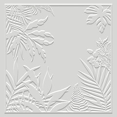 Tropical palm and fern leaves emboss white 3d pattern with square frame and place for text. Textured floral vector background. Surface embossed leafy beautiful ornament. Relief texture. Modern design