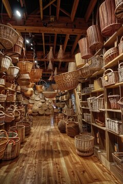 A store filled with lots of wicker baskets. Perfect for home decor projects or organizing items