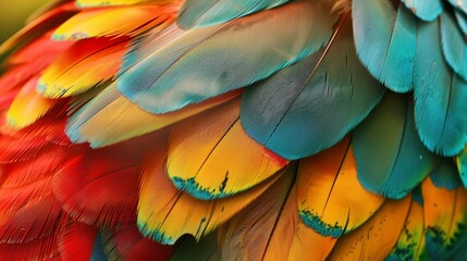 Colorful parrot feathers close up. Bright tropical bird plumage texture. Vivid exotic parrot feathers background.
