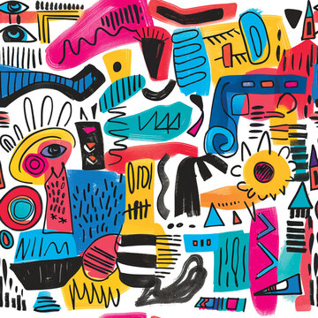 Doodles colorful tribal ethnic style seamless patern with squiggles, doodle lines, zigzag, eyes, different hand drawn shapes and lines. Vector bright freehand endless ornaments on white background