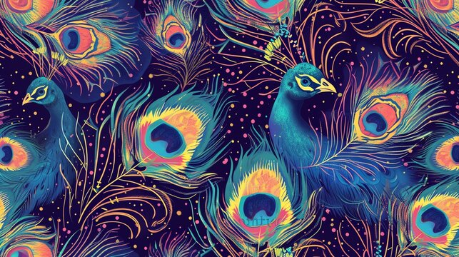 A seamless pattern with beautiful watercolor peacocks. The peacocks are painted in vibrant colors and have intricate patterns on their feathers.