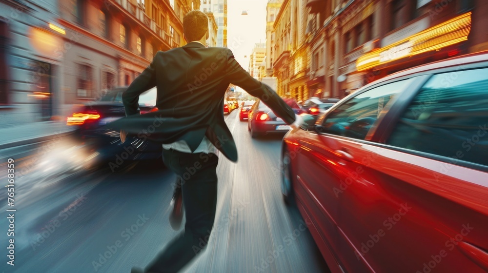 Poster a man in a suit running down the street. suitable for business and urban concepts