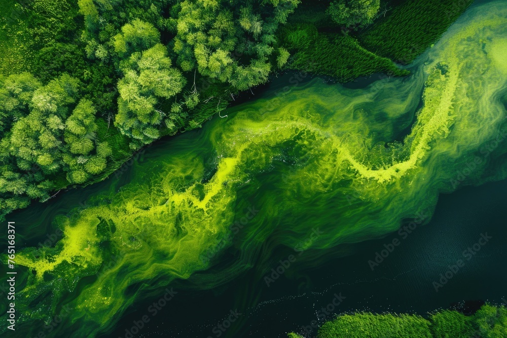 Poster aerial view of a tranquil lake surrounded by lush trees. suitable for nature and travel concepts
