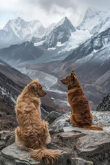 Two dogs sitting on a rock, with a scenic mountain backdrop. Perfect for nature and outdoor-themed designs