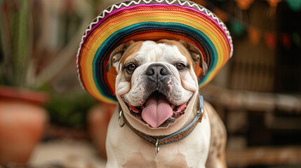 Charming Mexican Bulldog Wearing a Vibrant Sombrero, Posing in a Fun Theme Photoshoot with a Playful Expression, Perfect for Dog or Pet-Related Content
