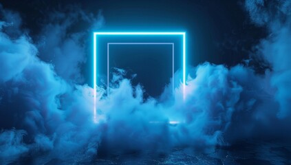 abstract cloud illuminated with neon light square frame on dark background with smoke and glow effect Generative AI