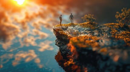 A couple of people standing on top of a cliff. Perfect for travel and adventure concepts