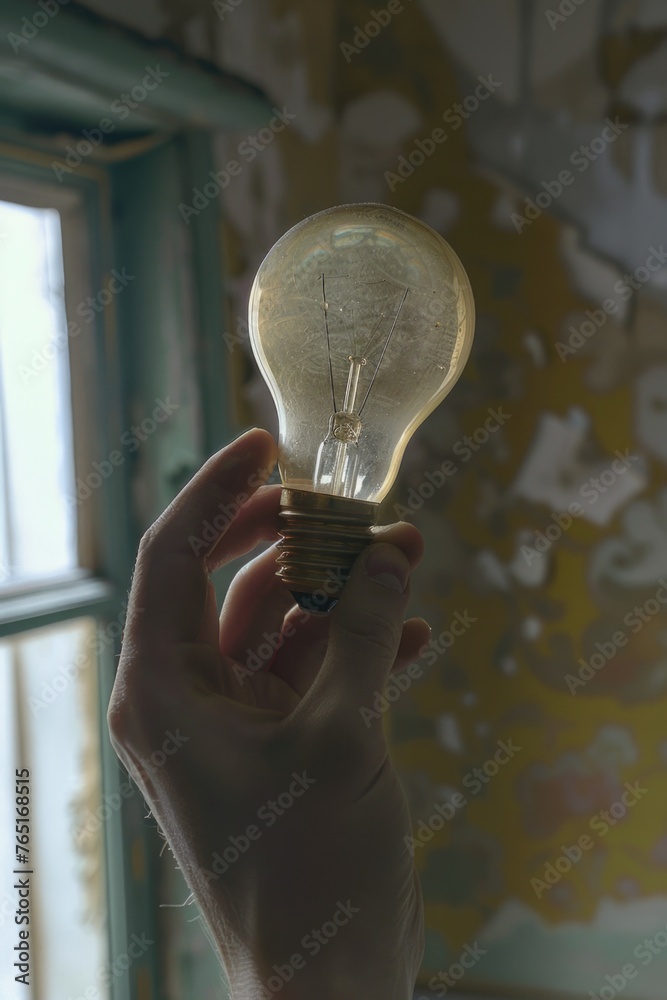 Poster a person holding a light bulb in front of a window. suitable for creative concepts
