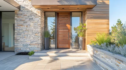 Foto auf Acrylglas Modern house entrance with stone wall. Desert landscaping concept. Architectural exterior detail of residential house. © Andrey