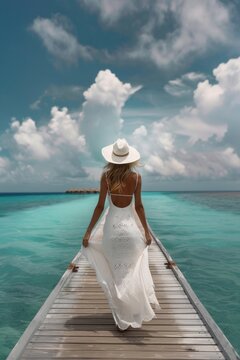 A woman in a white dress and hat walking on a pier. Suitable for travel and lifestyle concepts
