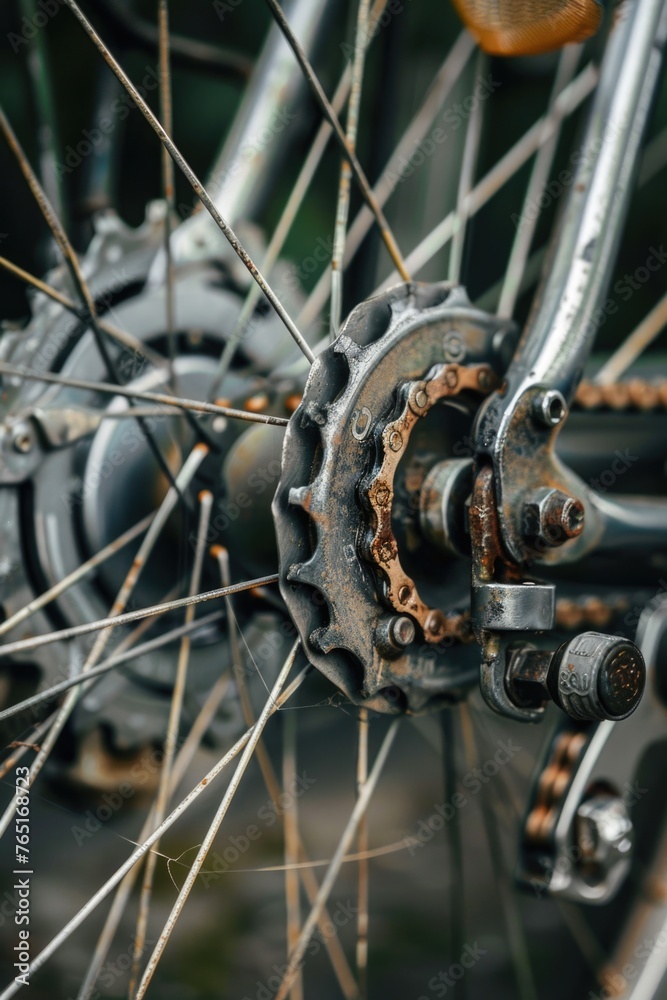 Poster detailed view of a bicycle's spokes and chain. suitable for transportation concepts