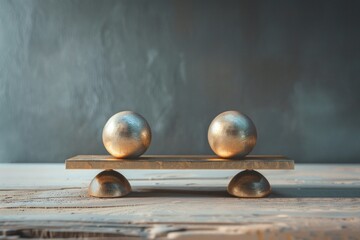 Two golden eggs on a wooden balance beam, ideal for financial concepts and success themes - obrazy, fototapety, plakaty