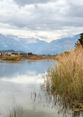Mountain landscape on a cloudy gloomy day. A lake or swamp with tall, dry grass. Turkey, Kemer, Kiris.