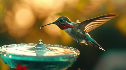 Fototapeta premium A beautiful hummingbird sips water from a bird feeder. Ideal for nature and wildlife themes