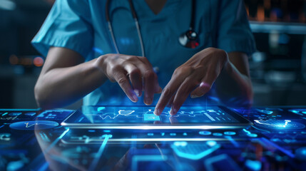 A healthcare professional is interacting with a futuristic digital tablet displaying medical data.