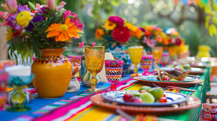 Festive Cinco de Mayo Celebration Table Decorated with Vibrant Colors, Traditional Mexican Culture Symbols, Delicious Food, Margarita Cocktails, and Fun Party Accessories
