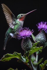 Fototapeta premium Beautiful hummingbird perched on a vibrant purple flower, perfect for nature and wildlife designs