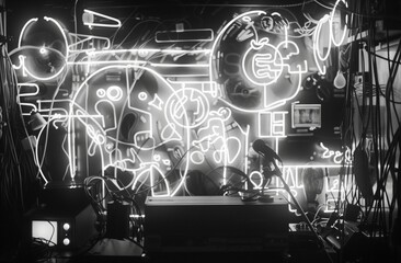 Black and white photograph of an art installation made from neon lights, surrounded by various...