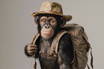 a chimpanzee wearing a hat and backpack