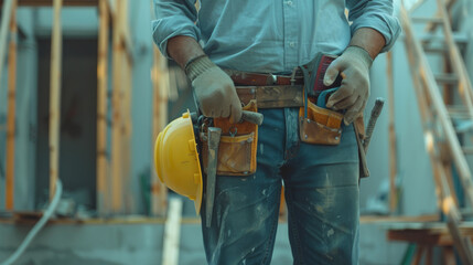 A close-up view of a construction worker's tool belt and hard hat.
