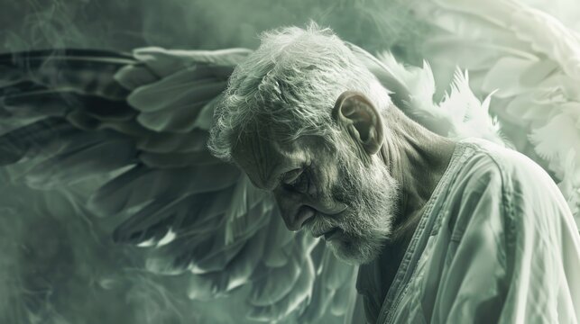 A unique image of an old man wearing wings on his head. Ideal for fantasy or surreal concepts
