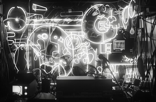 Black and white photograph of an art installation made from neon lights, surrounded by various electronic devices. From the series “Abstract Noir.”