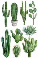 Vibrant watercolor painting of a variety of cactus plants. Perfect for botanical designs