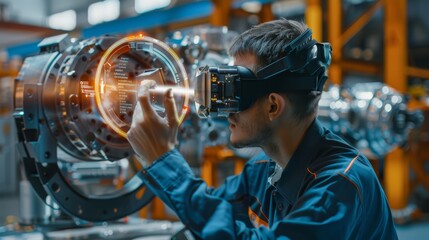 Male technician using interactive augmented reality headset with holographic display in machinery environment.