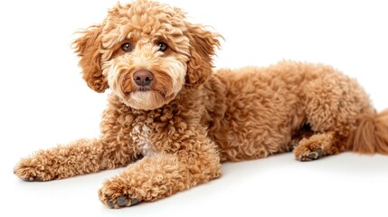 A brown dog peacefully laying down on a white surface. Suitable for pet-related designs