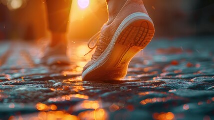 Person walking on wet surface at sunset. Suitable for outdoor lifestyle themes